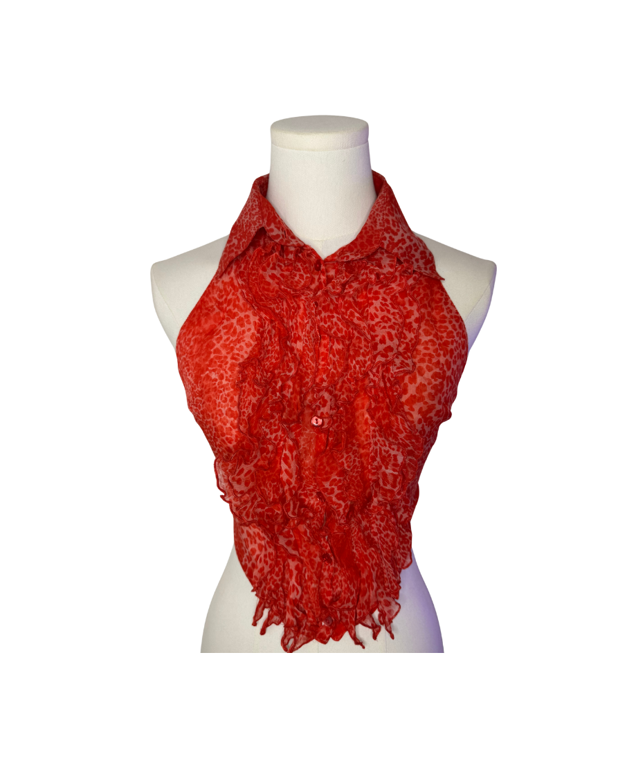 Blumarine Silk Chiffon Backless Red Leopard Top