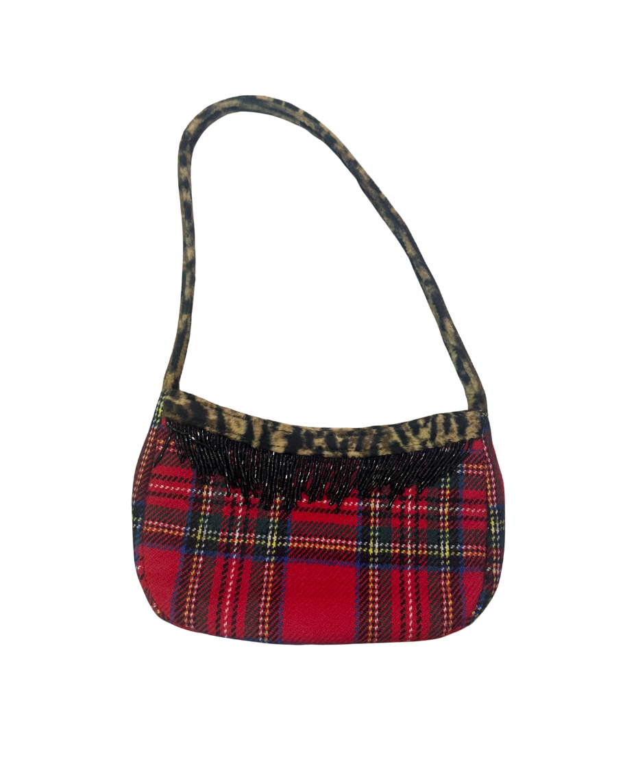 Blugirl by Blumarine Plaid Mini Bag with Leopard Trim & Beaded Fringe