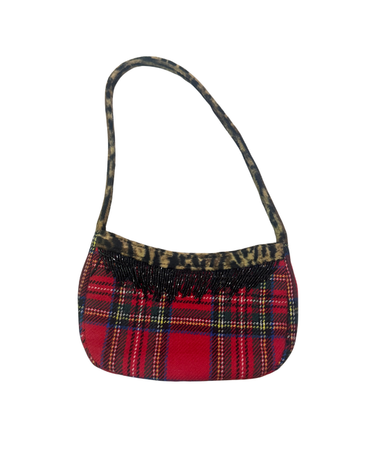 Blugirl by Blumarine Plaid Mini Bag with Leopard Trim & Beaded Fringe