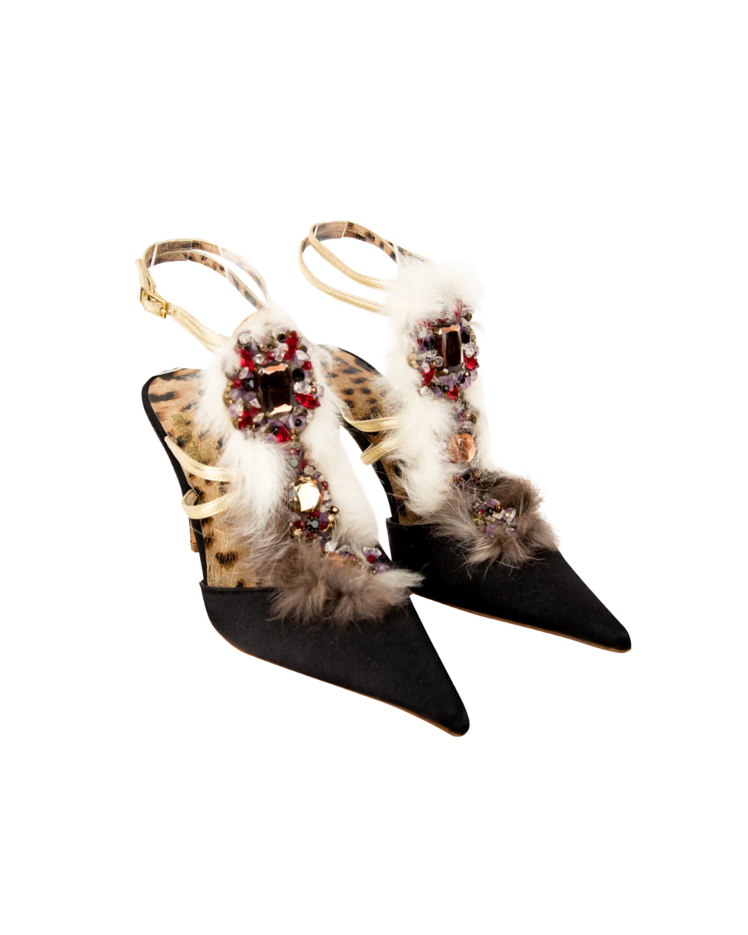 Roberto Cavalli Black Satin Strappy Fur Embellished Heels