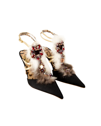 Roberto Cavalli Black Satin Strappy Fur Embellished Heels
