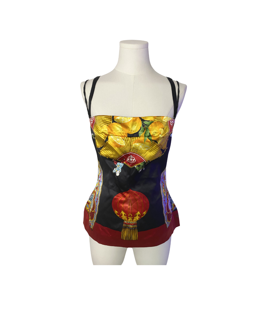 Dolce & Gabbana Chinese Lantern Printed Silk Corset Top