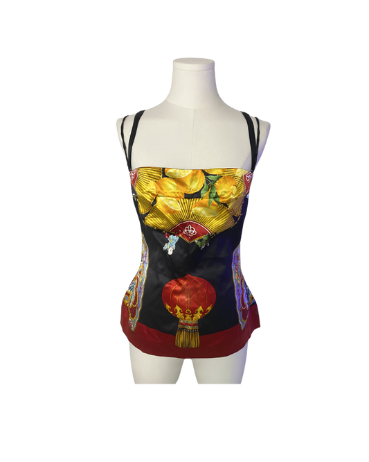 Dolce & Gabbana Chinese Lantern Printed Silk Corset Top