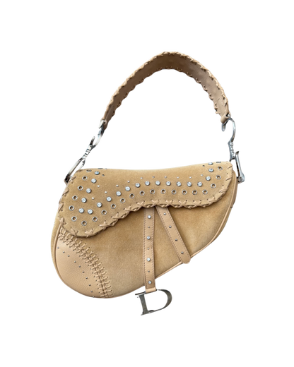 Christian Dior Suede Embellished Whipstitch Saddle Bag