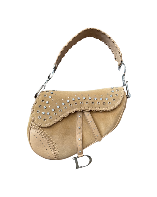 Christian Dior Suede Embellished Whipstitch Saddle Bag