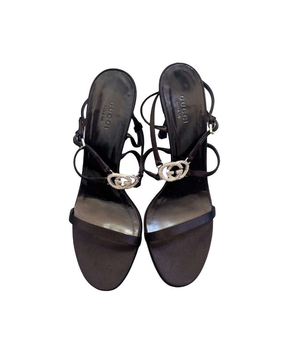 Gucci Black Strappy Rhinestone Logo Sandal Heels