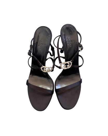 Gucci Black Strappy Rhinestone Logo Sandal Heels