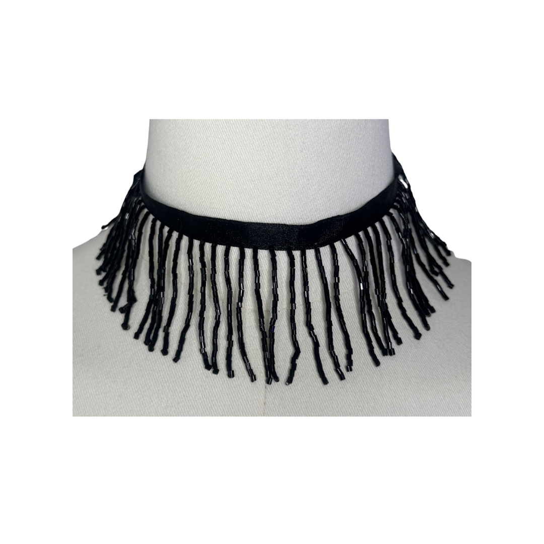 Unbranded Antique Black Beaded Fringe Choker Necklace