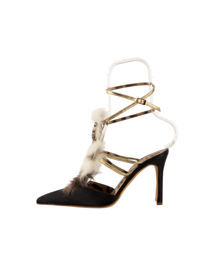 Roberto Cavalli Black Satin Strappy Fur Embellished Heels