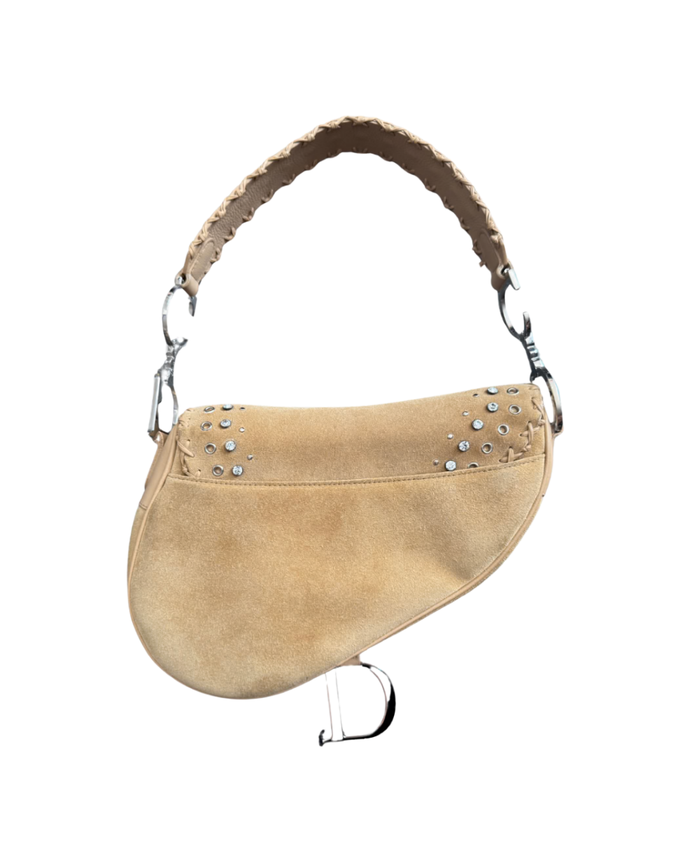 Christian Dior Suede Embellished Whipstitch Saddle Bag