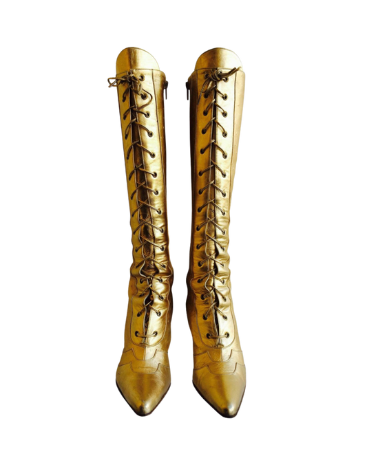 Christian Dior Gold Leather Ostrich Boots