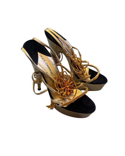 Dolce & Gabbana Gold Crystal Spider Web Platform Sandals