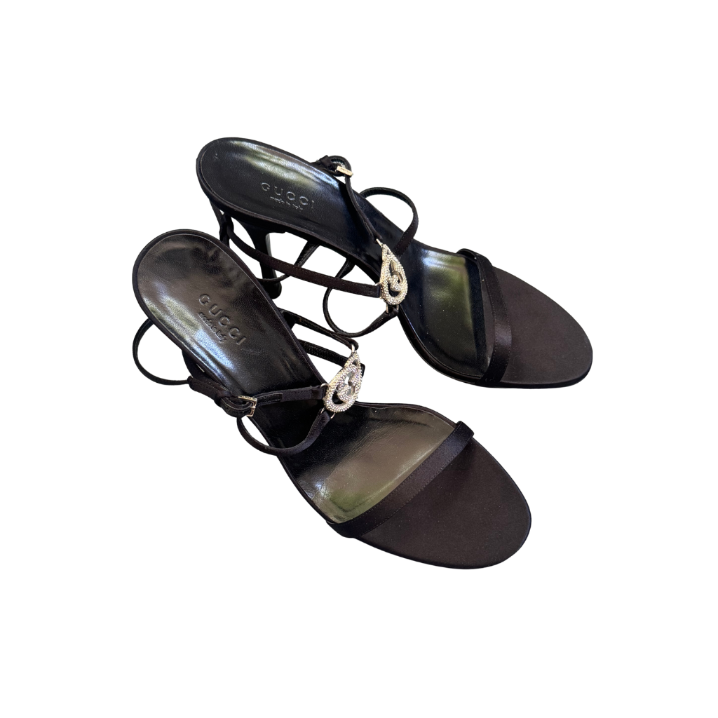 Gucci Black Strappy Rhinestone Logo Sandal Heels