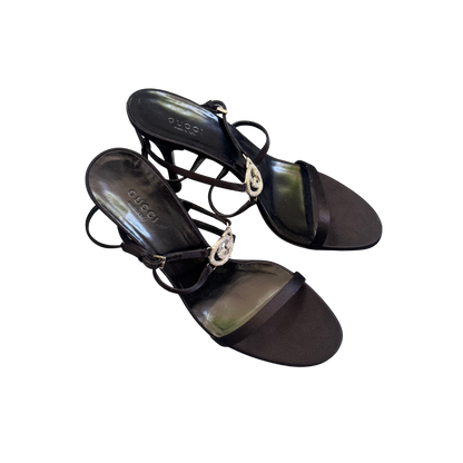 Gucci Black Strappy Rhinestone Logo Sandal Heels