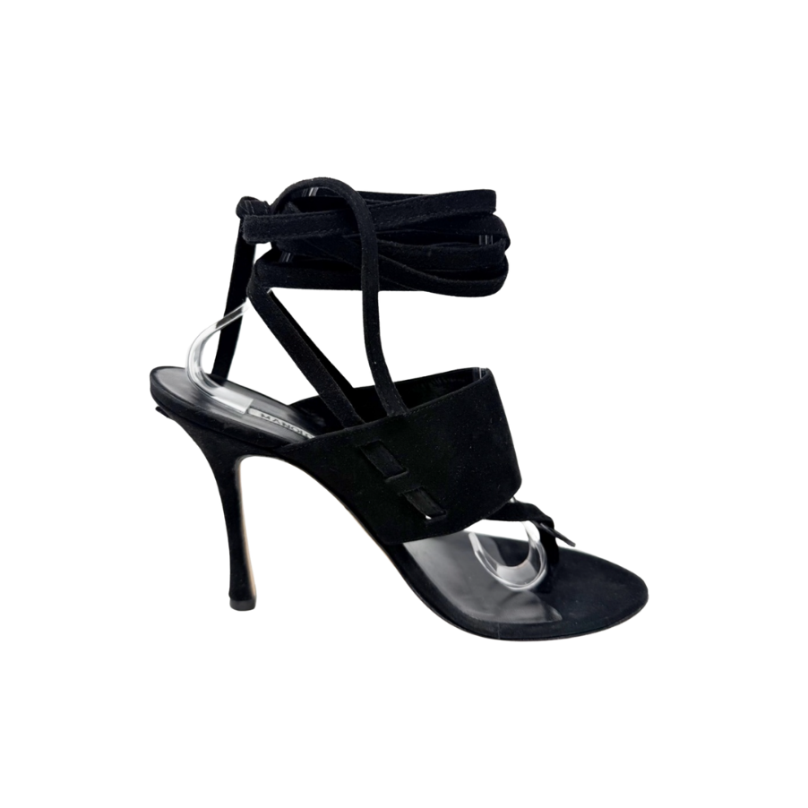 Manolo Blahnik Black Suede Strappy Thong Heels