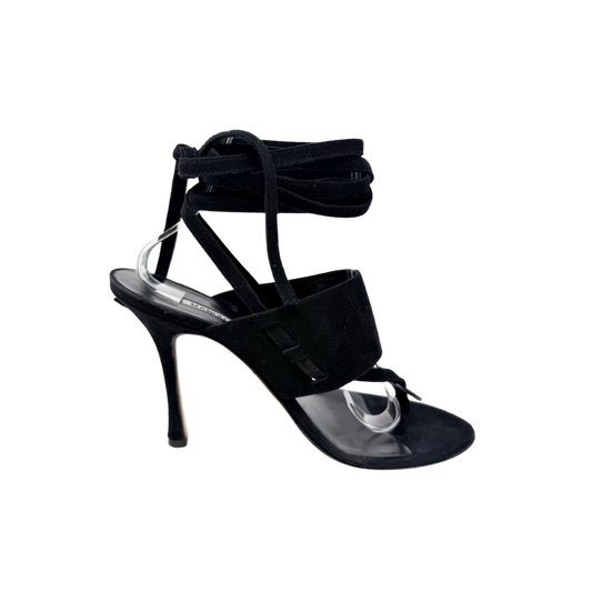 Manolo Blahnik Black Suede Strappy Thong Heels