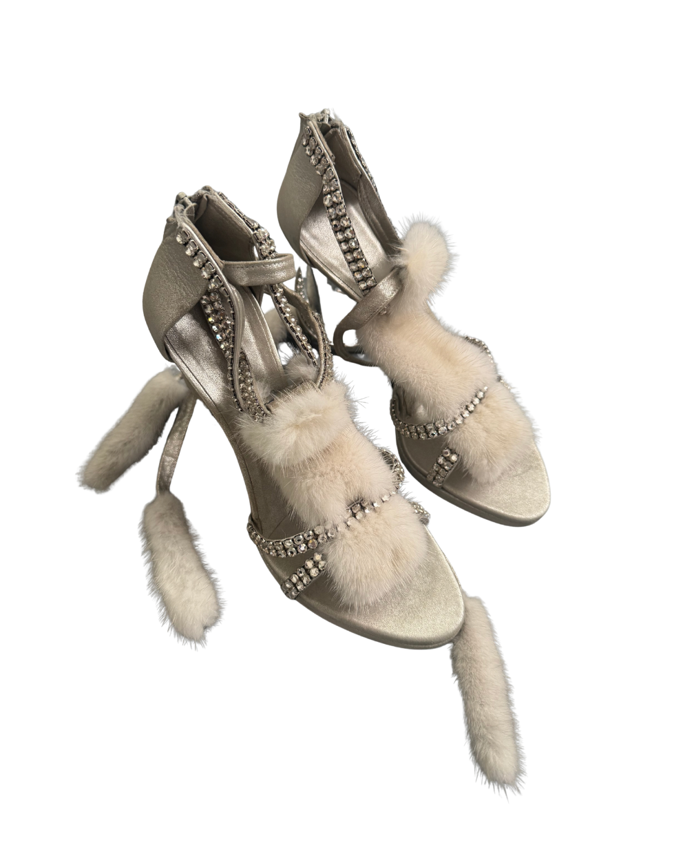 Gucci by Tom Ford Silver Strappy White Mink Crystal Heels