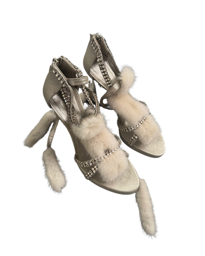 Gucci by Tom Ford Silver Strappy White Mink Crystal Heels