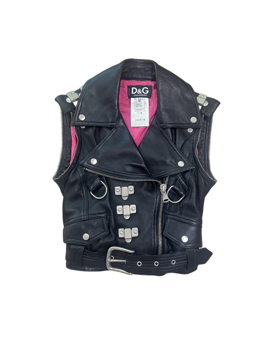 Dolce & Gabbana Black Leather “Pin Up” Moto Vest