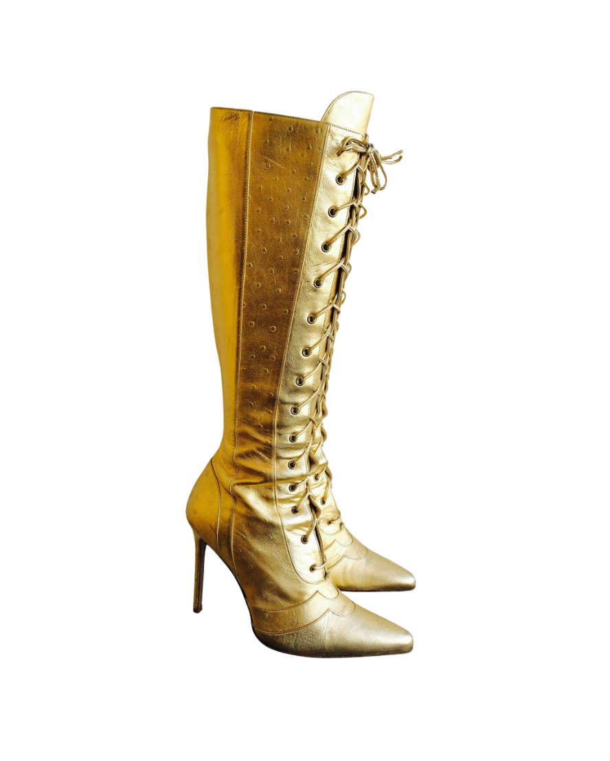 Christian Dior Gold Leather Ostrich Boots