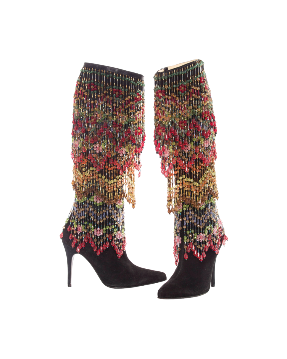 Todd Oldham Black Suede Boots w/ Detachable Polychrome Beads