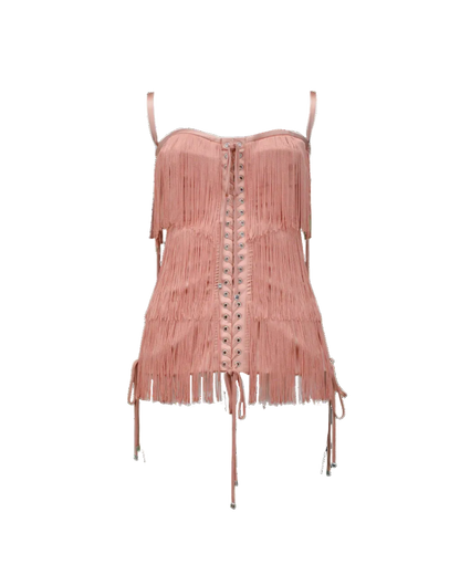 Dolce & Gabbana Pink Fringe Lace Up Corset Top