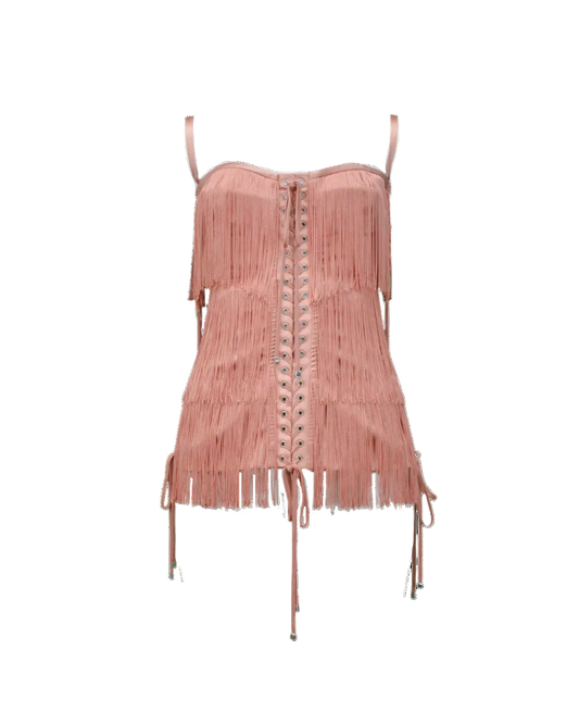 Dolce & Gabbana Pink Fringe Lace Up Corset Top