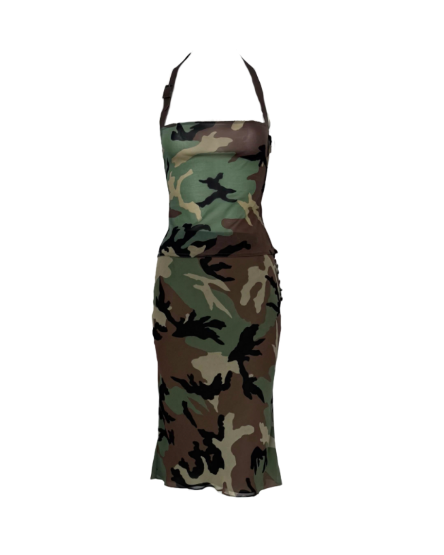 Christian Dior Camouflage Print Silk Leather Detailed Top