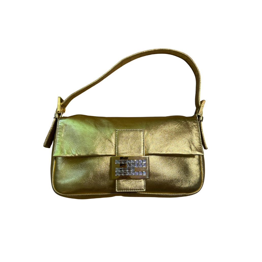 Fendi Metallic Gold Rhinestone Logo Baguette Bag