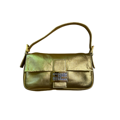 Fendi Metallic Gold Rhinestone Logo Baguette Bag