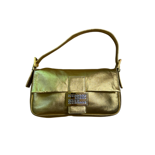 Fendi Metallic Gold Rhinestone Logo Baguette Bag