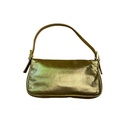 Fendi Metallic Gold Rhinestone Logo Baguette Bag
