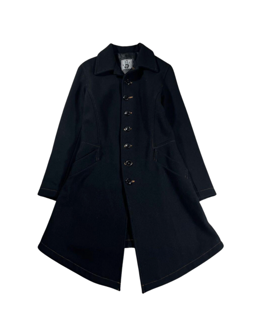 Gaultier Jeans Black Wool Long Asymmetrical Hemmed Coat