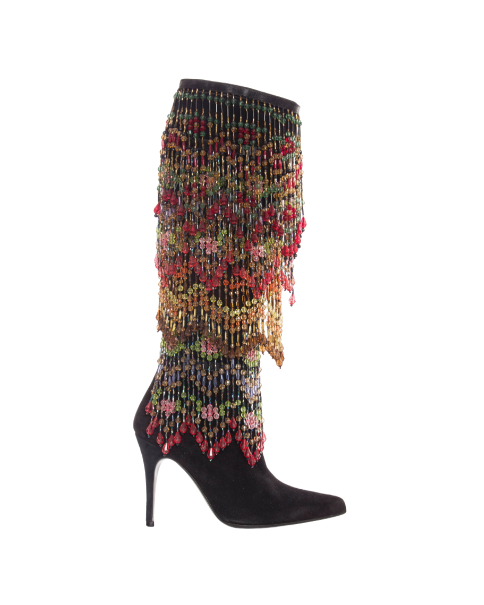 Todd Oldham Black Suede Boots w/ Detachable Polychrome Beads