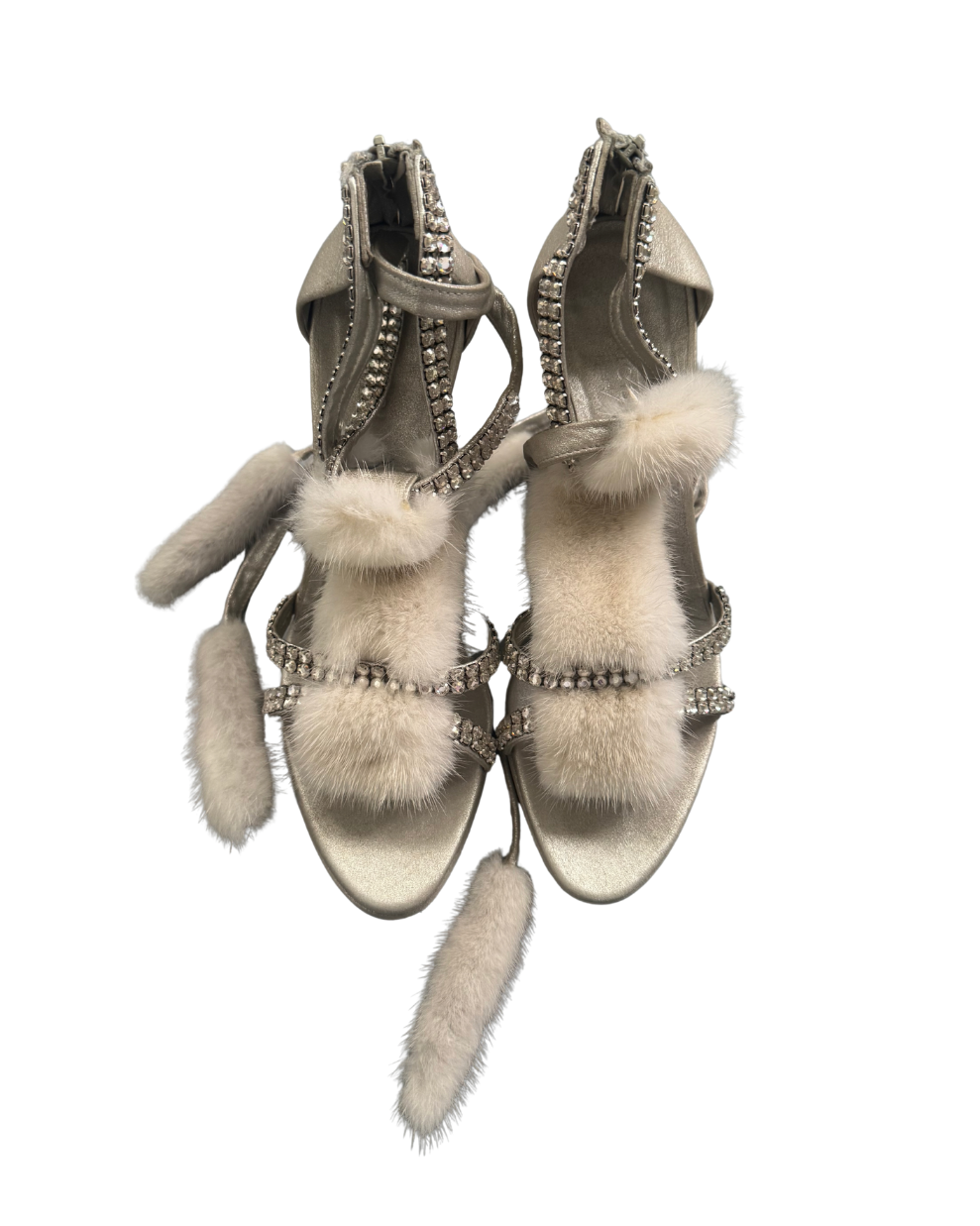 Gucci by Tom Ford Silver Strappy White Mink Crystal Heels