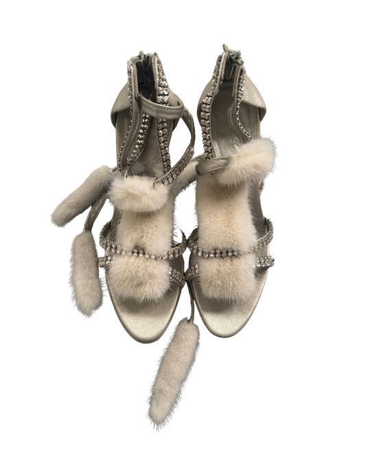 Gucci by Tom Ford Silver Strappy White Mink Crystal Heels