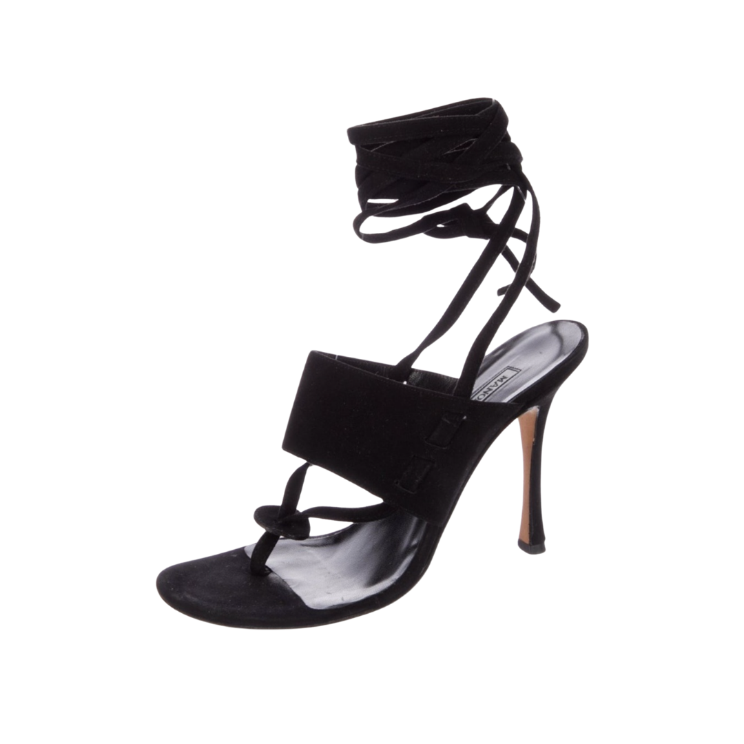 Manolo Blahnik Black Suede Strappy Thong Heels