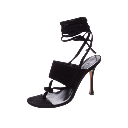 Manolo Blahnik Black Suede Strappy Thong Heels