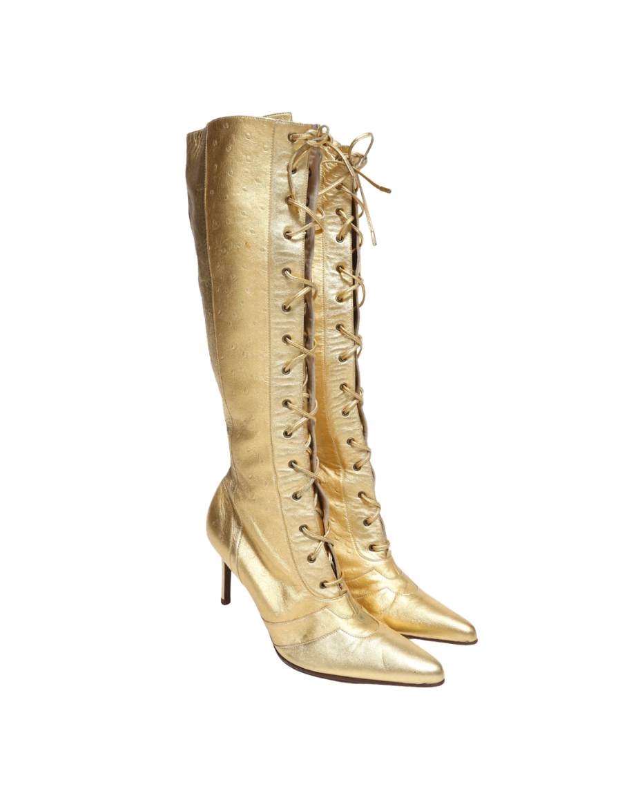 Christian Dior Gold Leather Ostrich Boots