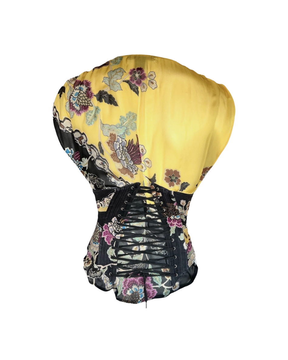 Roberto Cavalli Yellow Chinoiserie Top/Corset Combo