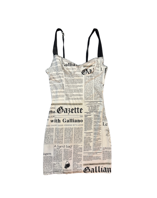 John Galliano White Newspaper Print Mini Dress