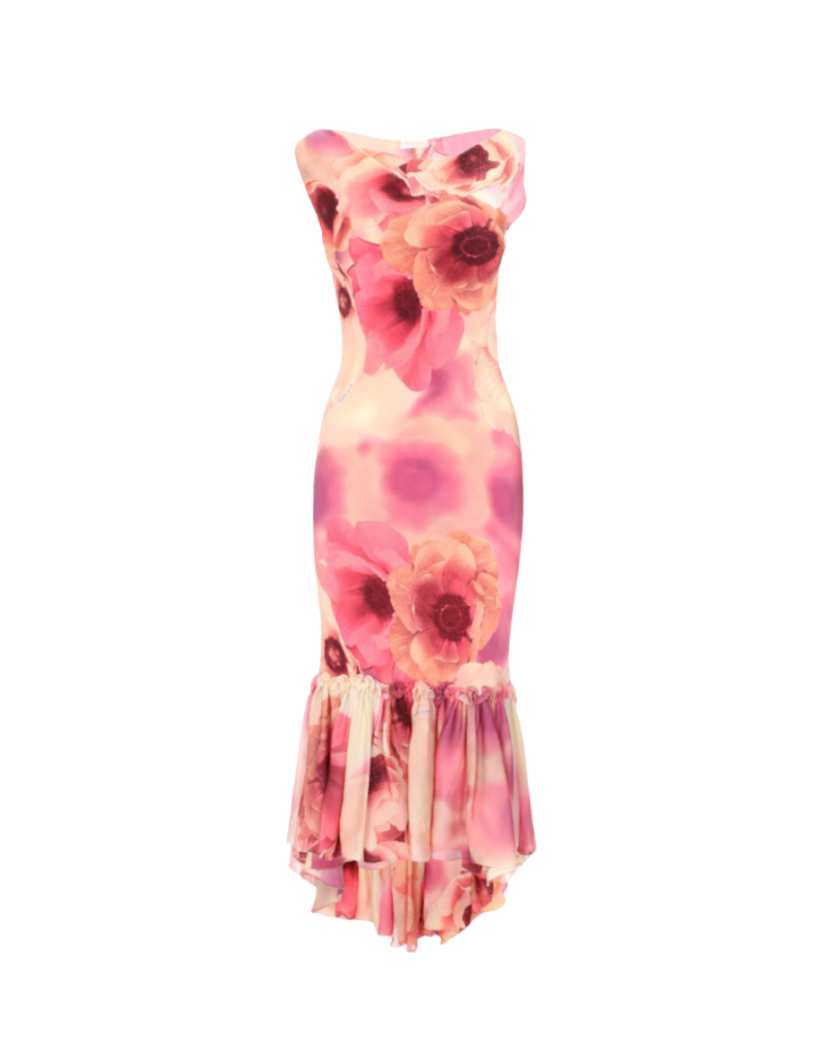 Roberto Cavalli Long Floral Dress with Ruffled Hem