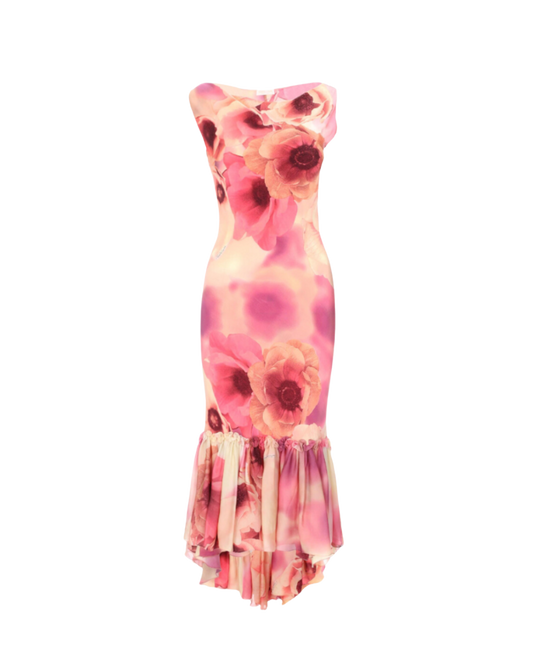 Roberto Cavalli Long Floral Dress with Ruffled Hem