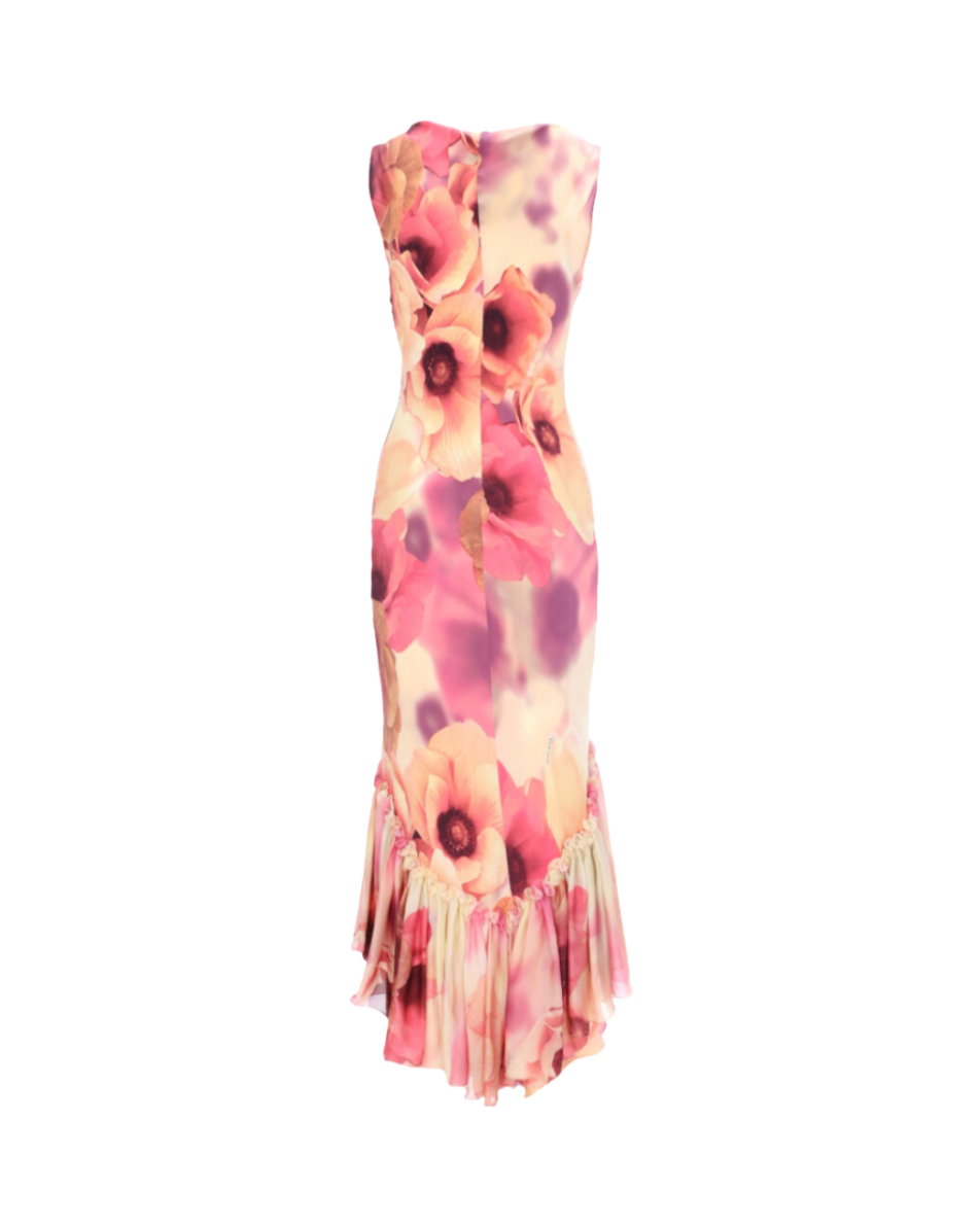 Roberto Cavalli Long Floral Dress with Ruffled Hem