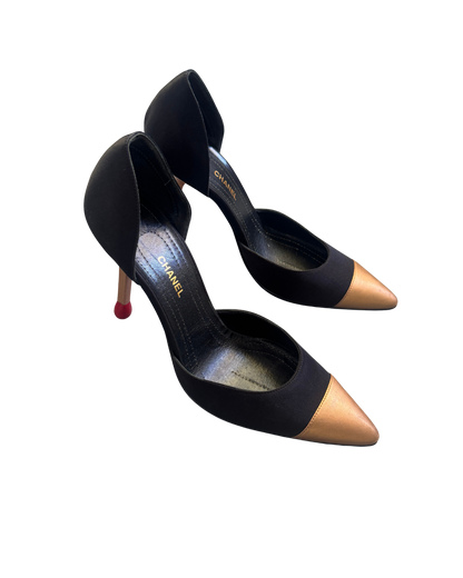 Chanel Gold Satin D’Orsay Matchstick Pumps