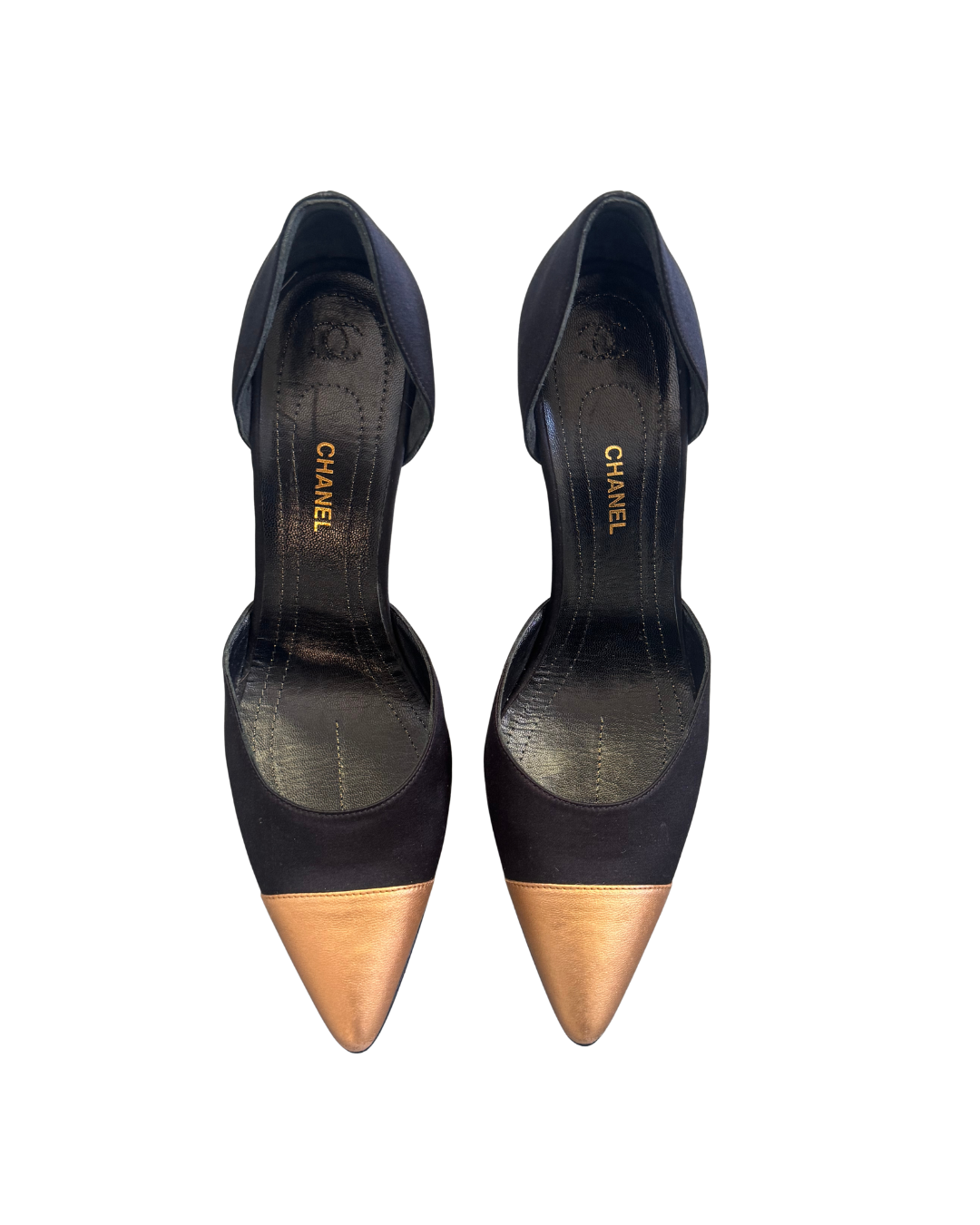 Chanel Gold Satin D’Orsay Matchstick Pumps