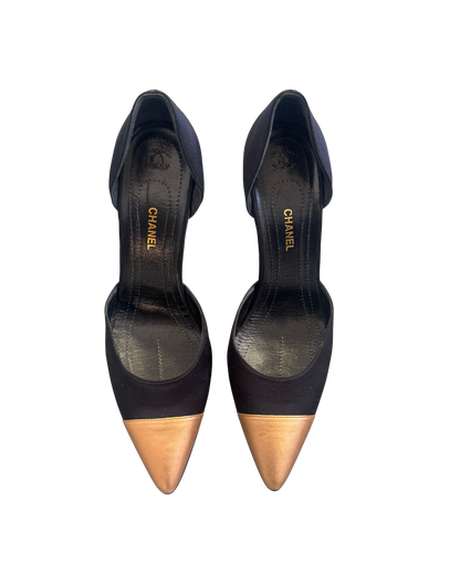 Chanel Gold Satin D’Orsay Matchstick Pumps
