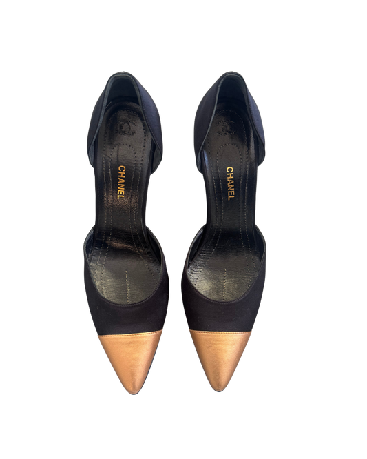 Chanel Gold Satin D’Orsay Matchstick Pumps