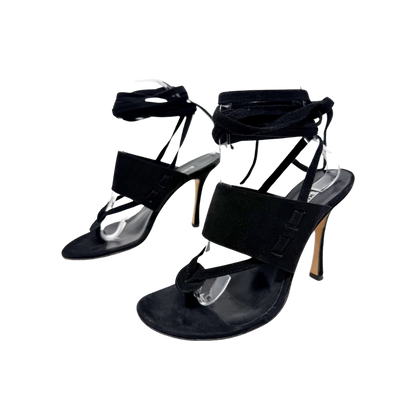 Manolo Blahnik Black Suede Strappy Thong Heels