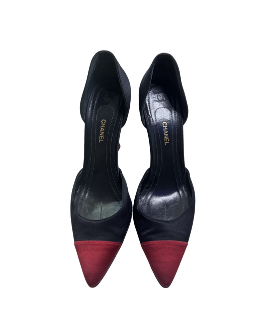 Chanel Red Satin D’Orsay Matchstick Pumps